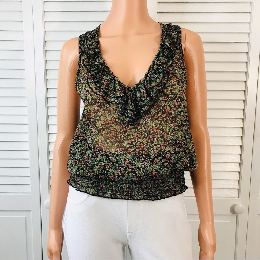 3/$25 AMERICAN RAG CIE Black Semi Sheer Floral Sleeveless Blouse Size Large